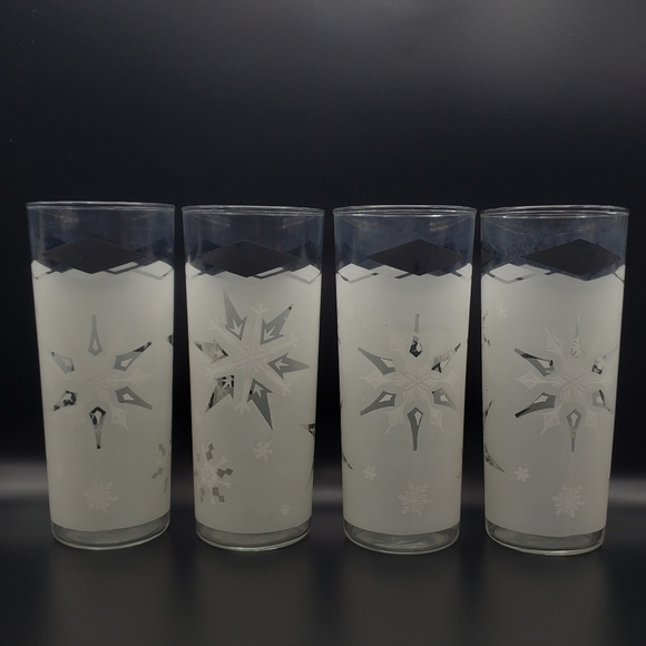 Anchor Hocking Frosted Snowflake Tall Glasses Tumblers Atomic MCM Black Diamonds - Picture 5 of 6